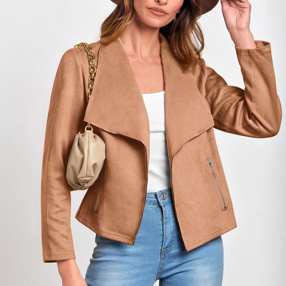 Brand New Women's Faux Suede Cropped Jacket in Camel, Size Small, Trendy Fall Fa - Picture 2 of 9